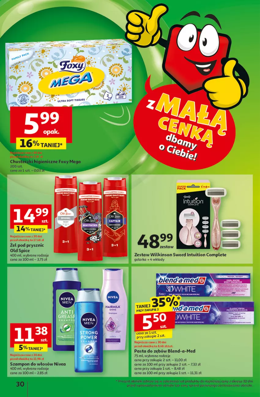 Gazetka promocyjna Auchan - Pewność Niskich Cen Hipermarket - ważna 06.03 do 12.03.2025 - strona 32 - produkty: Blend-a-Med, Chusteczki, Foxy, Golarka, Nivea, Old Spice, Pasta do zębów, Szampon, Wilkinson Sword