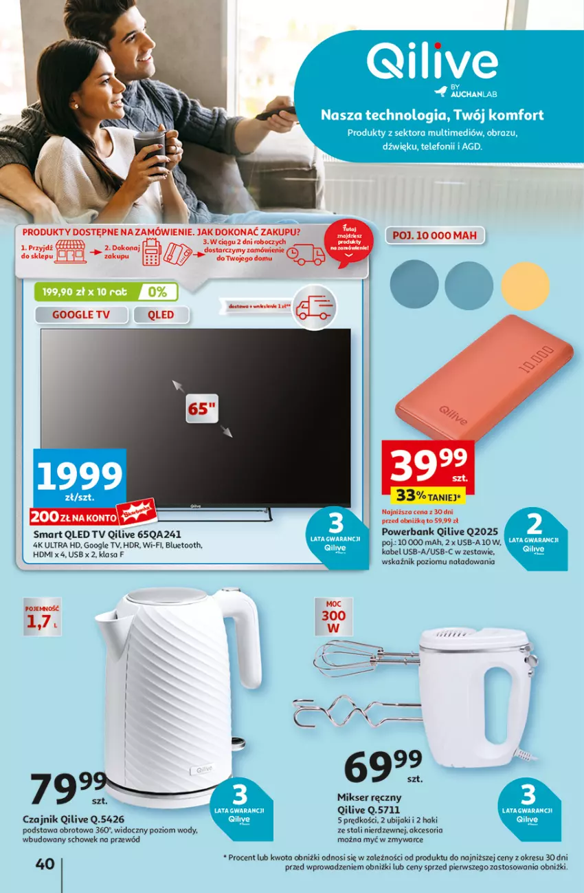 Gazetka promocyjna Auchan - Pewność Niskich Cen Hipermarket - ważna 06.03 do 12.03.2025 - strona 44 - produkty: Czajnik, Kabel USB, LED TV, Mikser, Mikser ręczny, Obraz, Powerbank, Przewód, Ser, Telefon