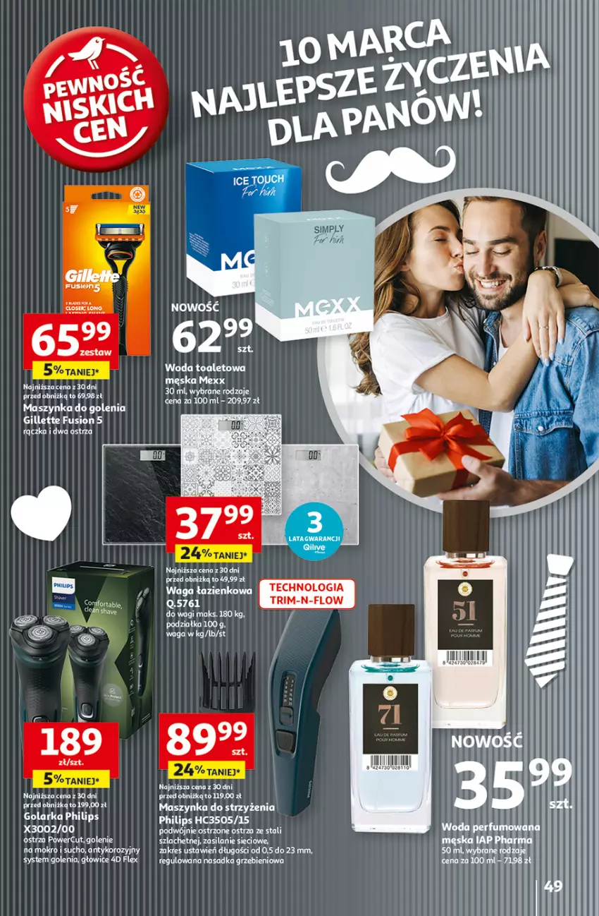 Gazetka promocyjna Auchan - Pewność Niskich Cen Hipermarket - ważna 06.03 do 12.03.2025 - strona 53 - produkty: Fusion, Gillette, Golarka, Maszynka, Maszynka do golenia, Mexx, Philips, Szynka, Waga, Wagi, Woda, Woda toaletowa