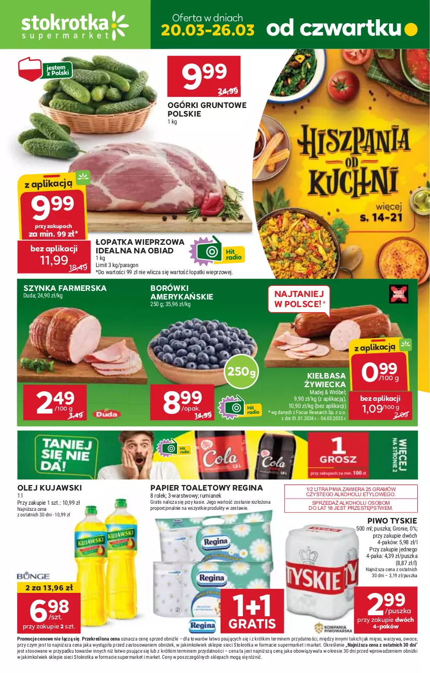 Gazetka promocyjna Stokrotka - Supermarket - ważna 20.03 do 26.03.2025 - strona 1 - produkty: Fa, Gin, Gra, Grunt, HP, Kiełbasa, Kujawski, Olej, Papier, Papier toaletowy, Piwa, Piwo, Szynka, Szynka farmerska, Tyskie