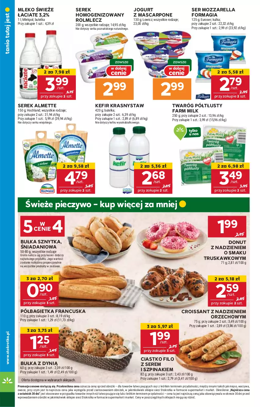 Gazetka promocyjna Stokrotka - Supermarket - ważna 20.03 do 26.03.2025 - strona 14 - produkty: Almette, Bagietka, Bułka, Croissant, Danio, Donut, Dynią, Fa, Farm Milk, HP, Jogurt, Kefir, Mascarpone, Mleko, Mozzarella, Piec, Pieczywo, Półbagietka, Rolmlecz, Ser, Serek, Serek homogenizowany, Sos, Szpinak, Twaróg, Twaróg półtłusty