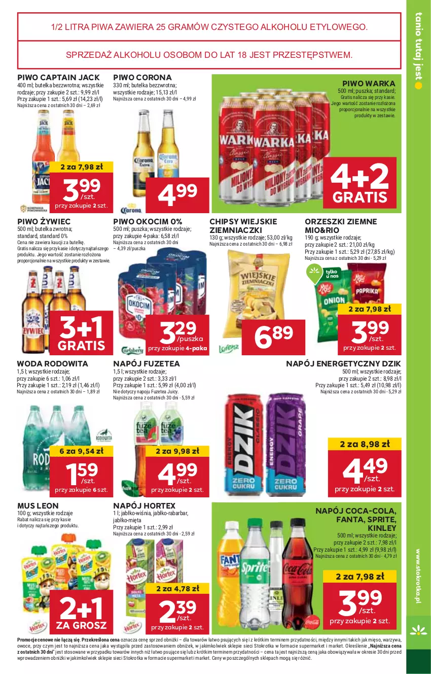 Gazetka promocyjna Stokrotka - Supermarket - ważna 20.03 do 26.03.2025 - strona 29 - produkty: Captain Jack, Chipsy, Coca-Cola, Fa, Fanta, Gra, Hortex, HP, Koc, Leon, Mus, Napój, Napój energetyczny, Okocim, Orzeszki, Orzeszki ziemne, Piwa, Piwo, Sprite, Warka, Woda