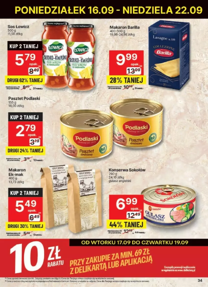 Gazetka promocyjna Delikatesy Centrum - ważna 16.09 do 22.09.2024 - strona 28 - produkty: Barilla, Makaron, Pasztet, Podlaski, Ser, Sok, Sokołów, Sos