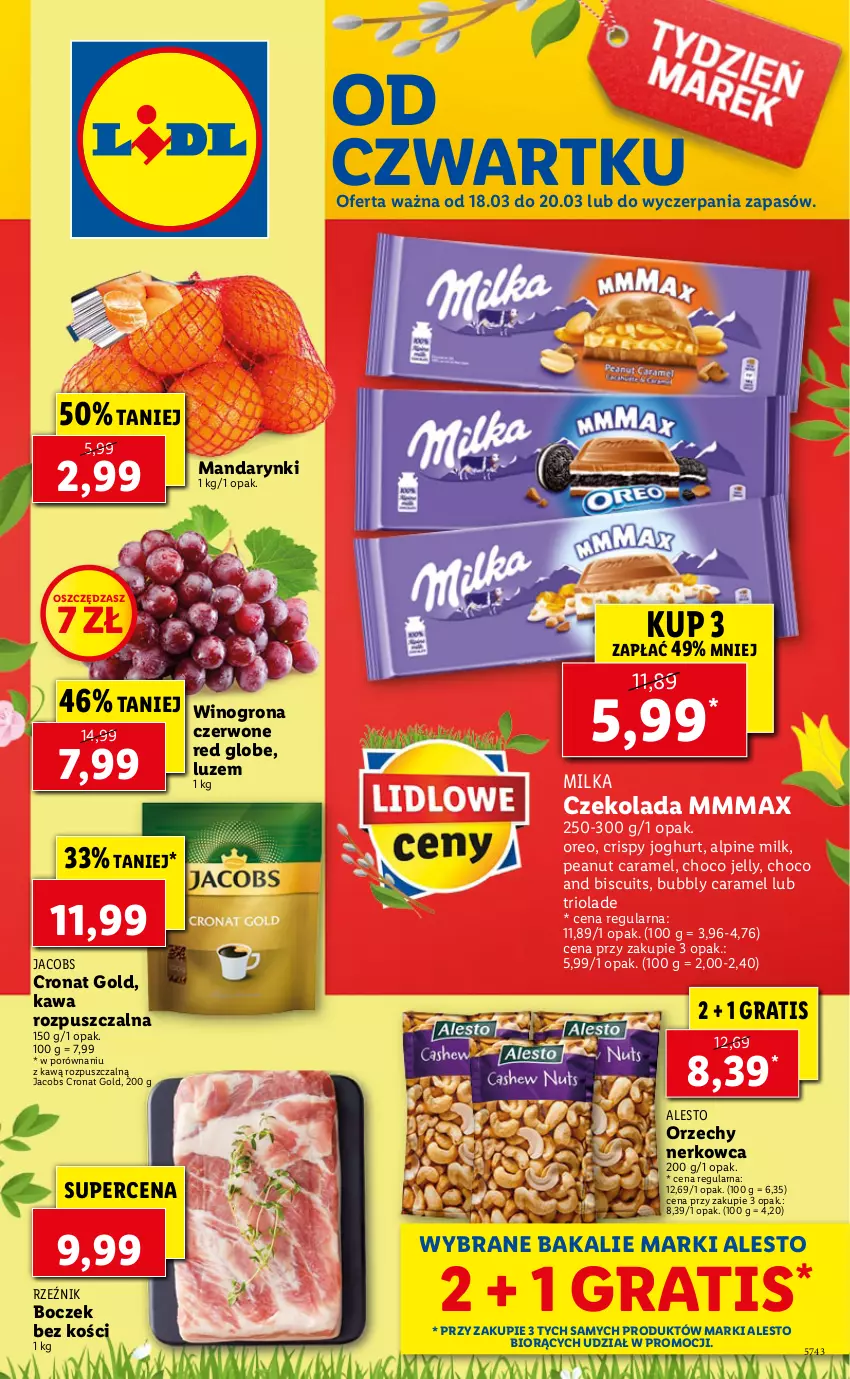 Gazetka promocyjna Lidl - GAZETKA - ważna 18.03 do 20.03.2021 - strona 1 - produkty: Boczek, Boczek bez kości, Czekolada, Gra, Jacobs, Kawa, Kawa rozpuszczalna, Mandarynki, Milka, Oreo, Por, Wino, Winogrona