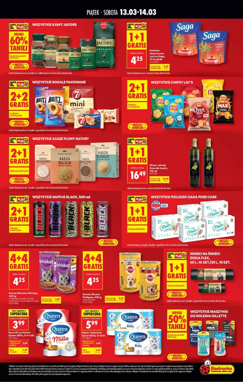 Gazetka promocyjna Biedronka - Tani Weekend - ważna 13.03 do 14.03.2026 - strona 2 - produkty: Chipsy, Dada, Fa, Gillette, Gra, Koc, Kurczak, LG, Oliwa, Oliwa z oliwek, Pur, Ręcznik, Rolki, Saska, Whiskas, Worki na śmiec, Worki na śmieci
