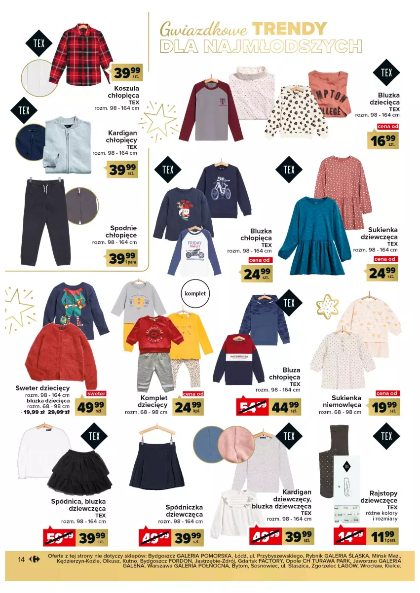 Gazetka promocyjna Carrefour - Gazetka Prezenty część 2 - ważna 29.11 do 24.12.2022 - strona 14 - produkty: Bluza, Dzieci, Fa, Kardigan, Kosz, Koszula, Rajstopy, Sos, Spódnica, Spodnie, Sukienka, Sweter, Top