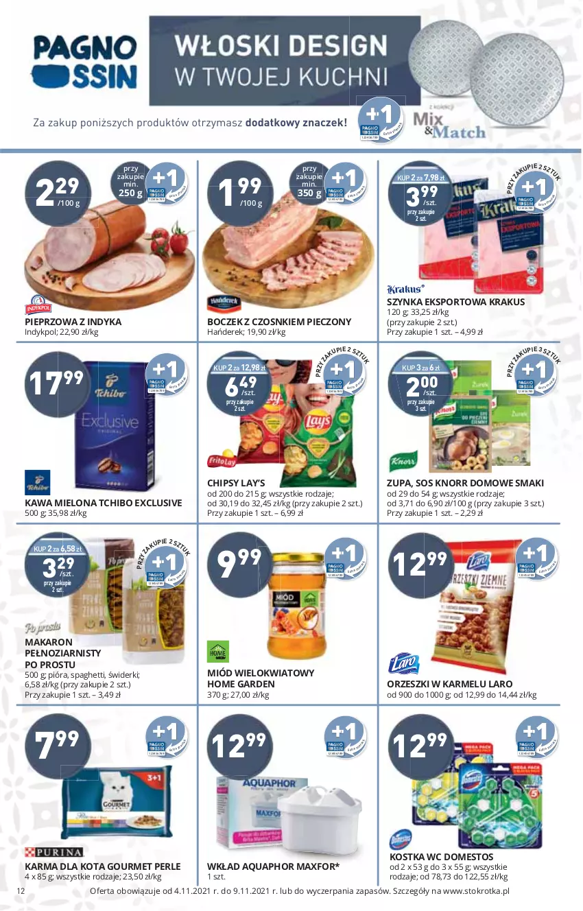 Gazetka promocyjna Stokrotka - Supermarket - ważna 04.11 do 09.11.2021 - strona 12 - produkty: Boczek, Chipsy, Domestos, Knorr, Krakus, Lay’s, LG, Makaron, Miód, Orzeszki, Piec, Pieprz, Por, Sos, Sport, Szynka, Zupa