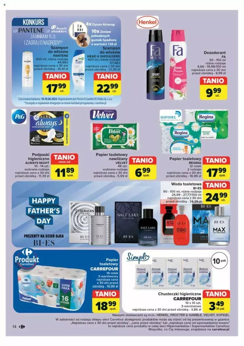 Gazetka promocyjna Carrefour - ważna 18.06 do 22.06.2024 - strona 10 - produkty: Always, Chusteczki, Dezodorant, Gin, Nawilżany papier, Pantene, Papier, Papier toaletowy, Podpaski, Szampon, Velvet, Woda, Woda toaletowa