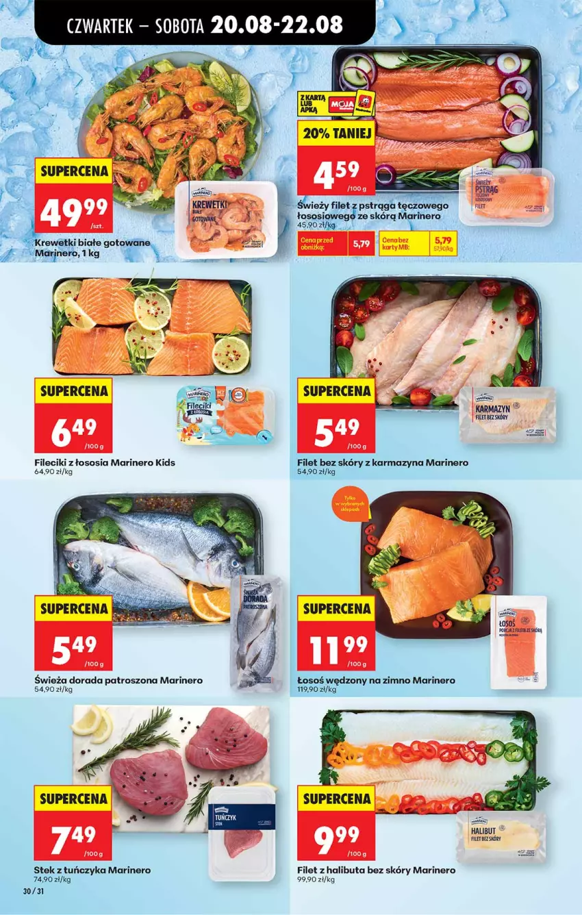 Gazetka promocyjna Biedronka - Od Czwartku - ważna 20.08 do 26.08.2026 - strona 30 - produkty: Halibut, Krewetki, Paleta, Por, Sos, Stek, Tuńczyk
