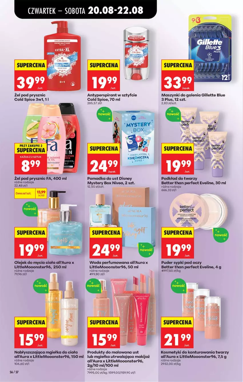 Gazetka promocyjna Biedronka - Od Czwartku - ważna 20.08 do 26.08.2026 - strona 56 - produkty: Antyperspirant, Disney, Eveline, Fa, Gillette, Nivea, Old Spice, Olej, Perfum, Podkład, Podkład do twarzy, Puder, Woda, Woda perfumowana