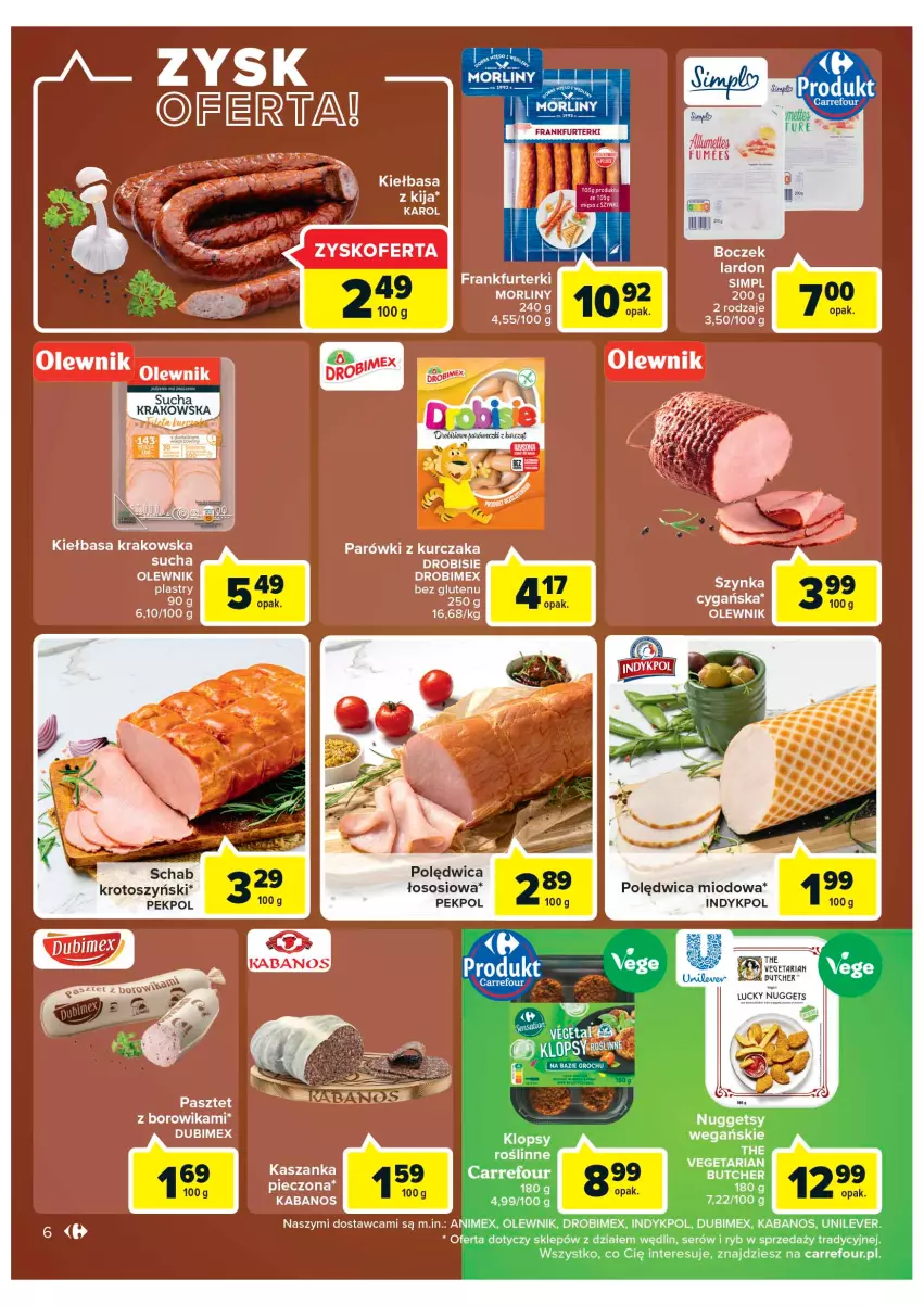 Gazetka promocyjna Carrefour - Gazetka Market Zyskoteka - ważna 18.10 do 22.10.2022 - strona 6 - produkty: Drobimex, Frankfurterki, Kabanos, Kasza, Kaszanka, Kiełbasa, Kiełbasa krakowska, Kurczak, Morliny, Olewnik, Parówki, Pasztet, Pekpol, Polędwica, Schab krotoszyński, Ser, Sos, Vegeta