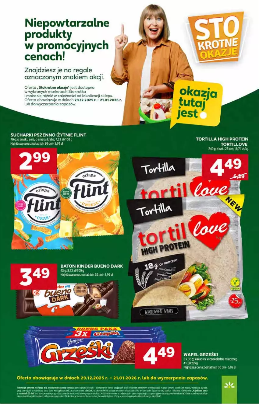 Gazetka promocyjna Stokrotka - Market - ważna 08.01 do 14.01.2026 - strona 13 - produkty: Baton, EPEE, Grześki, Kakao, Kinder, Kinder Bueno, Owoce, Por, Ser, Tortilla