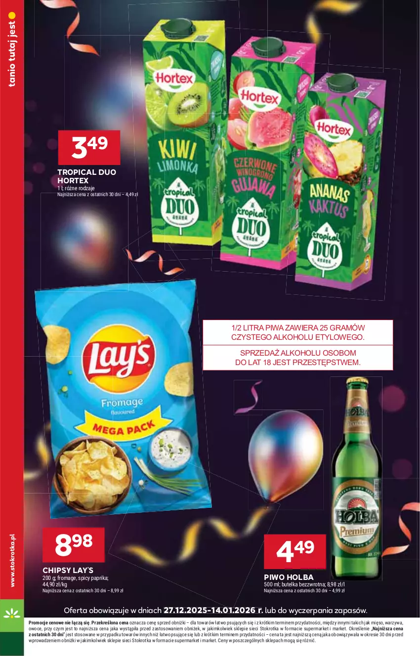 Gazetka promocyjna Stokrotka - Market - ważna 08.01 do 14.01.2026 - strona 18 - produkty: Chipsy, Gra, Hortex, Lay’s, Mięso, Owoce, Piwa, Piwo, Tropical, Warzywa