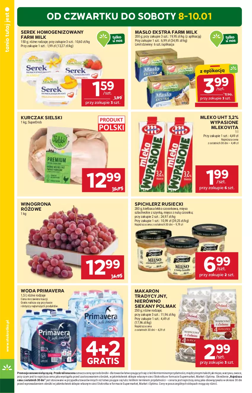 Gazetka promocyjna Stokrotka - Market - ważna 08.01 do 14.01.2026 - strona 2 - produkty: Fa, Farm Milk, Gra, Kiełbasa, Kurczak, Makaron, Masło, Mięso, Mleko, Mlekovita, Olma, Optima, Owoce, Prima, Primavera, Ser, Serek, Serek homogenizowany, Spichlerz Rusiecki, Warzywa, Wino, Winogrona, Woda