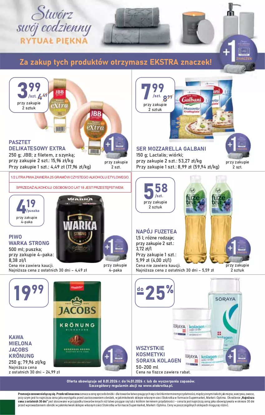 Gazetka promocyjna Stokrotka - Market - ważna 08.01 do 14.01.2026 - strona 22 - produkty: Galbani, Gra, Jacobs, Jacobs Krönung, Kawa, Kawa mielona, Kolagen, Mięso, Mozzarella, Napój, Optima, Owoce, Pasztet, Piwa, Piwo, Ser, Warka, Warzywa