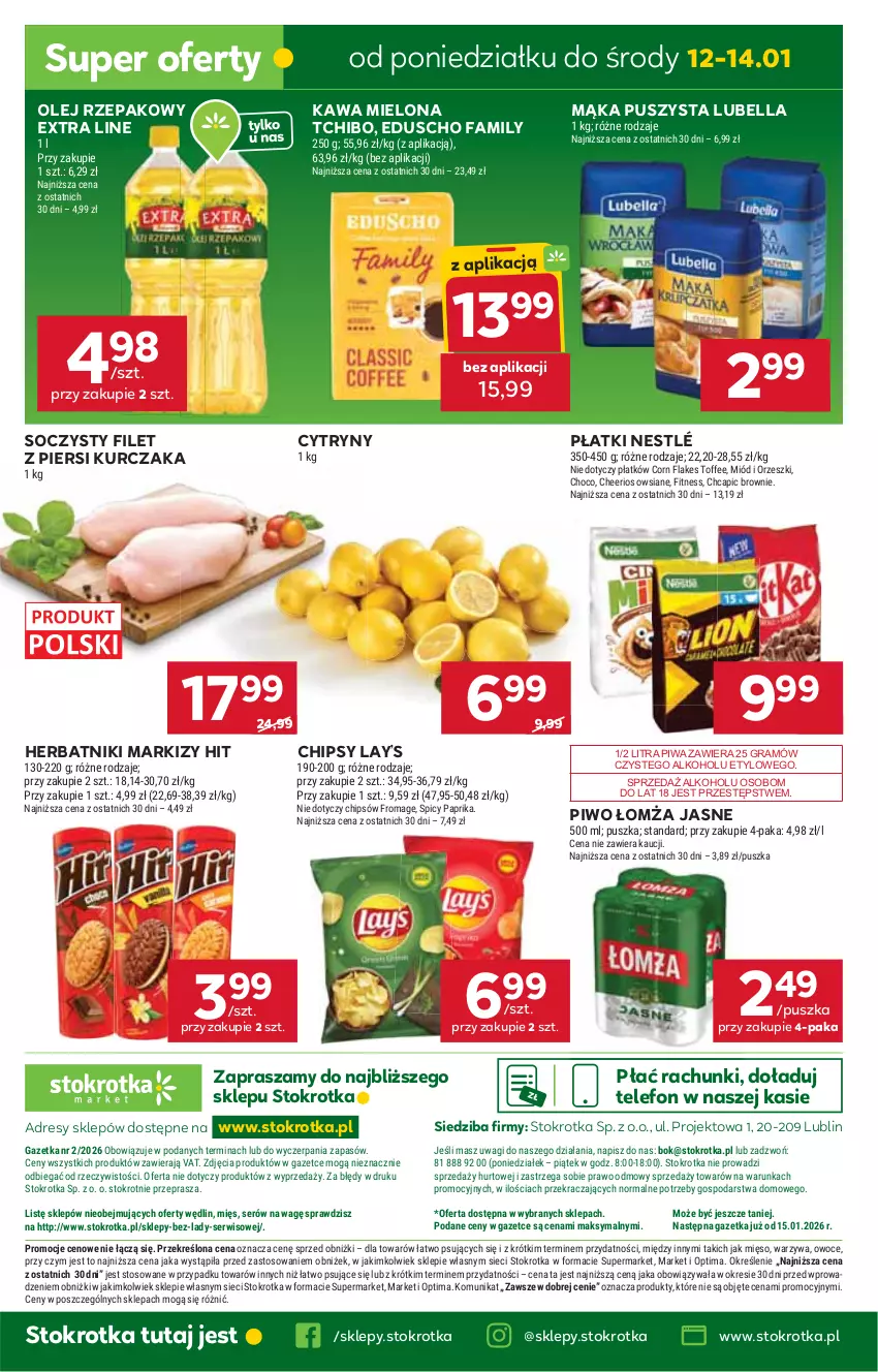 Gazetka promocyjna Stokrotka - Market - ważna 08.01 do 14.01.2026 - strona 24 - produkty: Bell, Bella, Brownie, Cheerios, Chipsy, Corn flakes, Cytryny, Dres, Fa, Filet z piersi kurczaka, Gra, Herbatniki, JBL, Kawa, Kawa mielona, Kurczak, Lay’s, Lubella, Mąka, Mięso, Miód, Nestlé, O nas, Olej, Olej rzepakowy, Optima, Orzeszki, Owoce, Piwa, Piwo, Ser, Tchibo, Telefon, Wagi, Warzywa