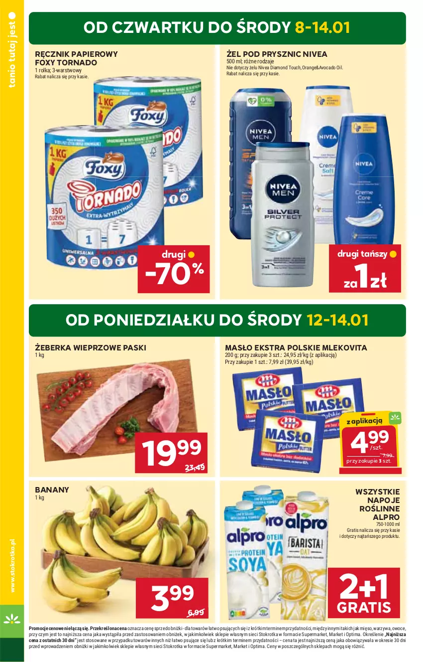 Gazetka promocyjna Stokrotka - Market - ważna 08.01 do 14.01.2026 - strona 4 - produkty: Alpro, Avocado, Banany, Foxy, Gra, Masło, Mięso, Mleko, Mlekovita, Napoje, Nivea, Optima, Owoce, Papier, Ręcznik, Warzywa