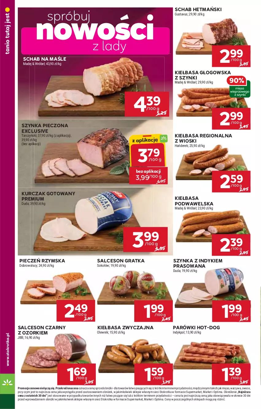 Gazetka promocyjna Stokrotka - Market - ważna 08.01 do 14.01.2026 - strona 6 - produkty: Duda, Gra, Kiełbasa, Kiełbasa głogowska, Kiełbasa podwawelska, Kurczak, Kurczak gotowany, Mięso, Olewnik, Optima, Owoce, Parówki, Piec, Pieczeń rzymska, Salceson, Sok, Sokołów, Szynka, Tarczyński, Warzywa, Wawel