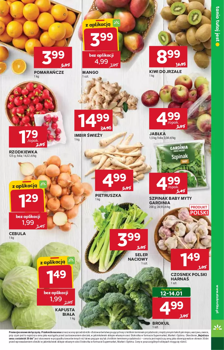 Gazetka promocyjna Stokrotka - Market - ważna 08.01 do 14.01.2026 - strona 7 - produkty: Cebula, Czosnek, Harnaś, Imbir, Jabłka, Kiwi, Mango, Mięso, Optima, Owoce, Pietruszka, Pomarańcze, Rzodkiewka, Seler naciowy, Szpinak, Warzywa