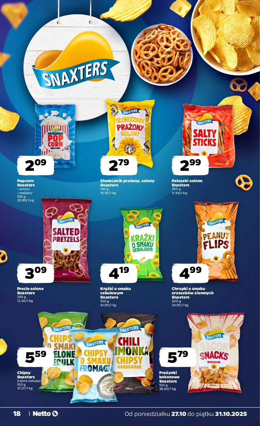 Gazetka promocyjna Netto - Od Poniedziałku - ważna 27.10 do 31.10.2025 - strona 18 - produkty: Beko, Chipsy, Chrupki, Popcorn, Precle, Słonecznik prażony