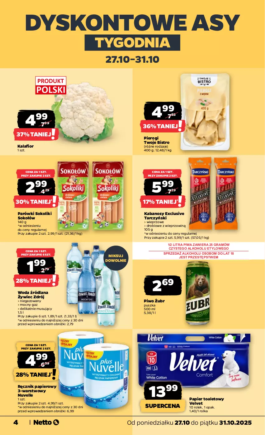 Gazetka promocyjna Netto - Od Poniedziałku - ważna 27.10 do 31.10.2025 - strona 4 - produkty: Gra, Kabanos, Kalafior, LANA, Mus, Papier, Papier toaletowy, Parówki, Parówki sokoliki, Pierogi, Piwa, Piwo, Ręcznik, Sok, Sokołów, Tarczyński, Velvet, Woda