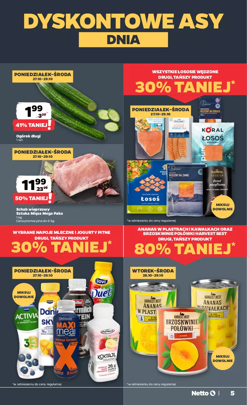 Gazetka promocyjna Netto - Od Poniedziałku - ważna 27.10 do 31.10.2025 - strona 5 - produkty: Ananas, Ananas w plastrach, Brzoskwinie, Jogurt, Kawa, Napoje, Ogórek, Schab wieprzowy, Sos