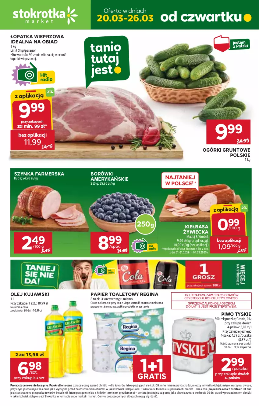 Gazetka promocyjna Stokrotka - Market - ważna 20.03 do 26.03.2025 - strona 1 - produkty: Fa, Gin, Gra, Grunt, HP, Kiełbasa, Kujawski, Olej, Papier, Papier toaletowy, Piwa, Piwo, Szynka, Szynka farmerska, Tyskie