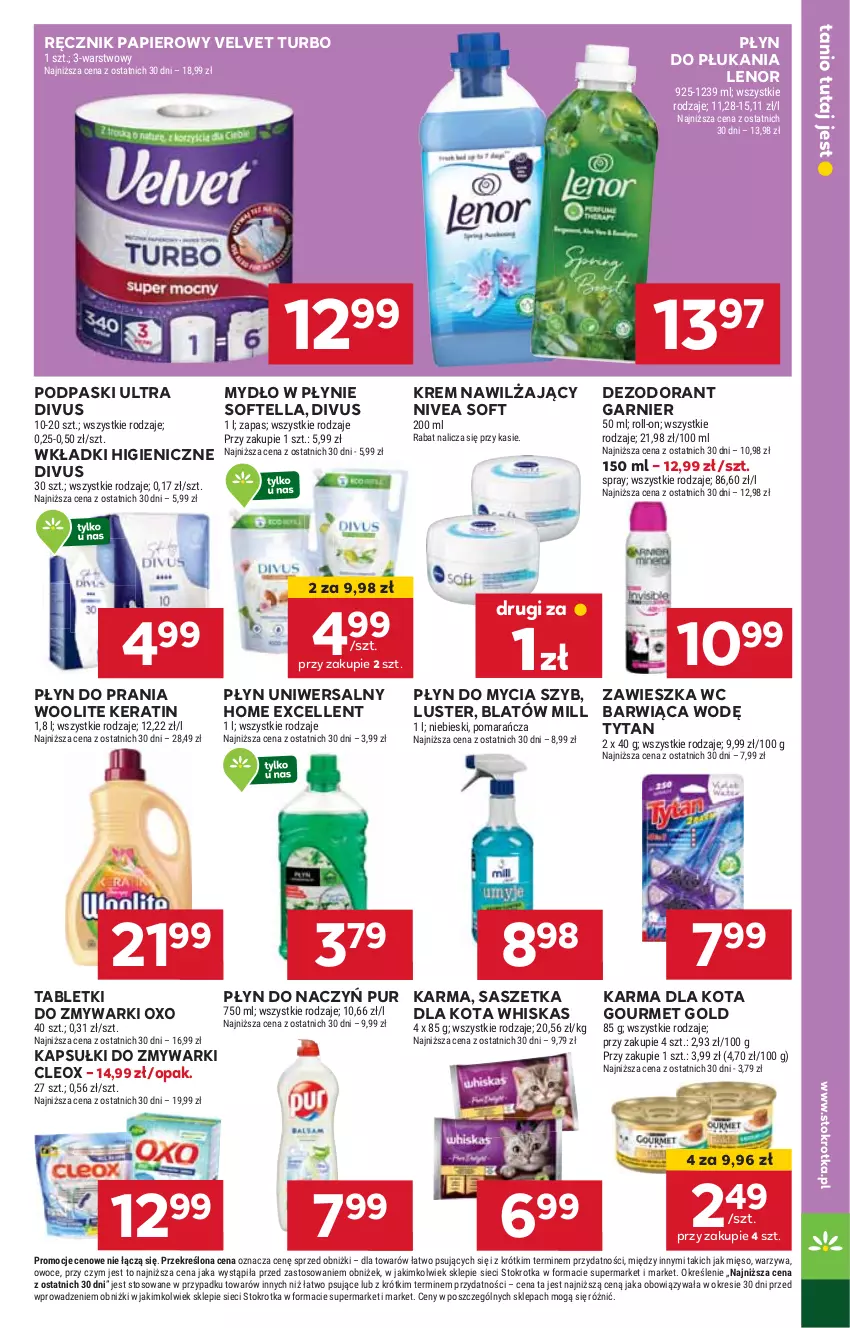 Gazetka promocyjna Stokrotka - Market - ważna 20.03 do 26.03.2025 - strona 19 - produkty: Dezodorant, Garnier, Gourmet Gold, HP, Krem nawilżający, Lenor, Mydło, Mydło w płynie, Nivea, Papier, Płyn do mycia, Płyn do płukania, Płyn do prania, Podpaski, Pur, Ręcznik, Tablet, Tabletki do zmywarki, Tytan, Velvet, Whiskas, Wkładki, Woolite, Zmywarki