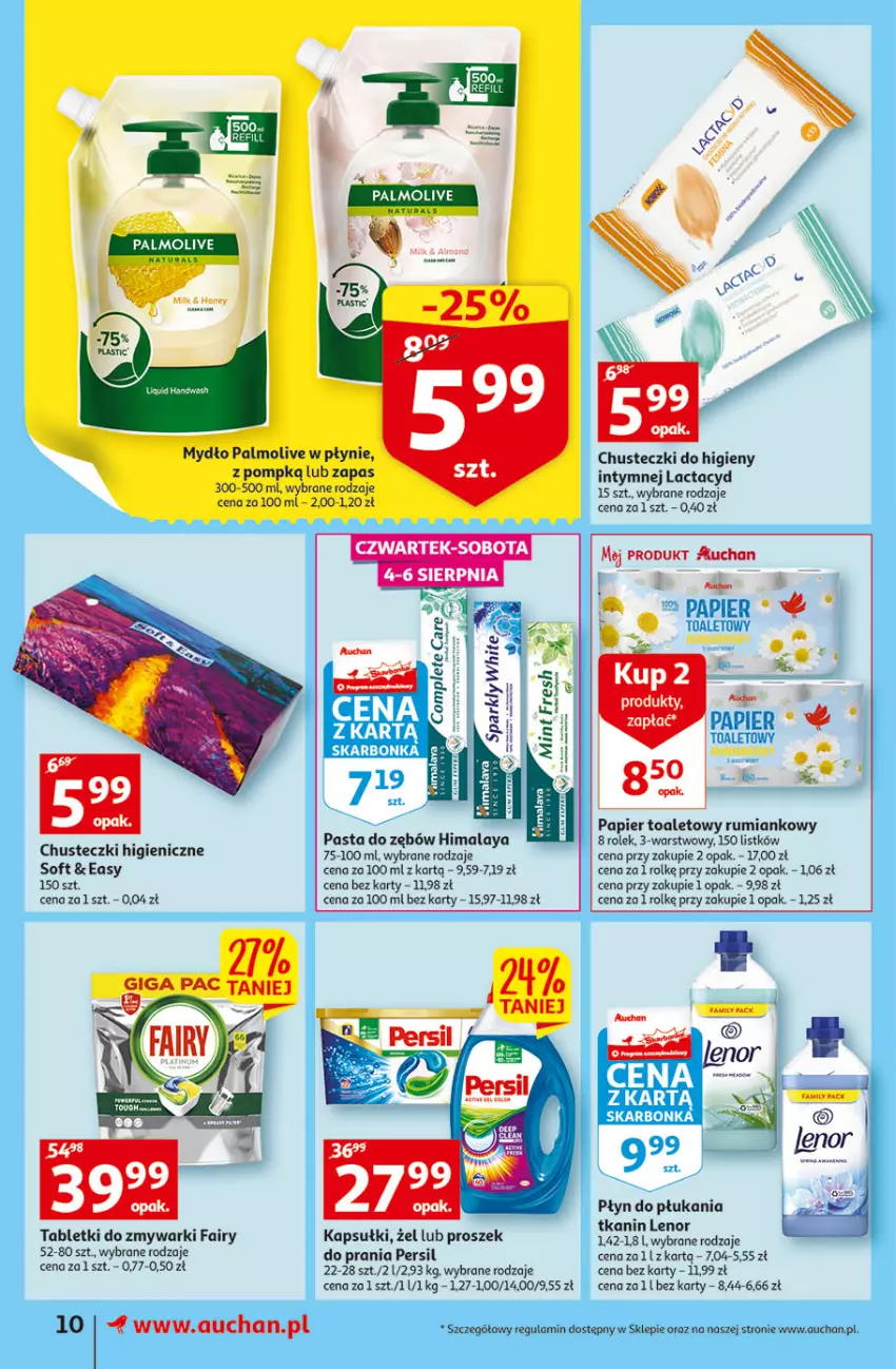 Gazetka promocyjna Auchan - Szkoła oszczędzania Temat PrzeSmaczne oferty Supermarkety - ważna 02.08 do 10.08.2022 - strona 10 - produkty: Chusteczki, Chusteczki do higieny, Fa, Fairy, Himalaya, Lactacyd, Lenor, Mydło, Palmolive, Papier, Papier toaletowy, Pasta do zębów, Persil, Płyn do płukania, Proszek do prania, Rum, Tablet, Tabletki do zmywarki, Zmywarki