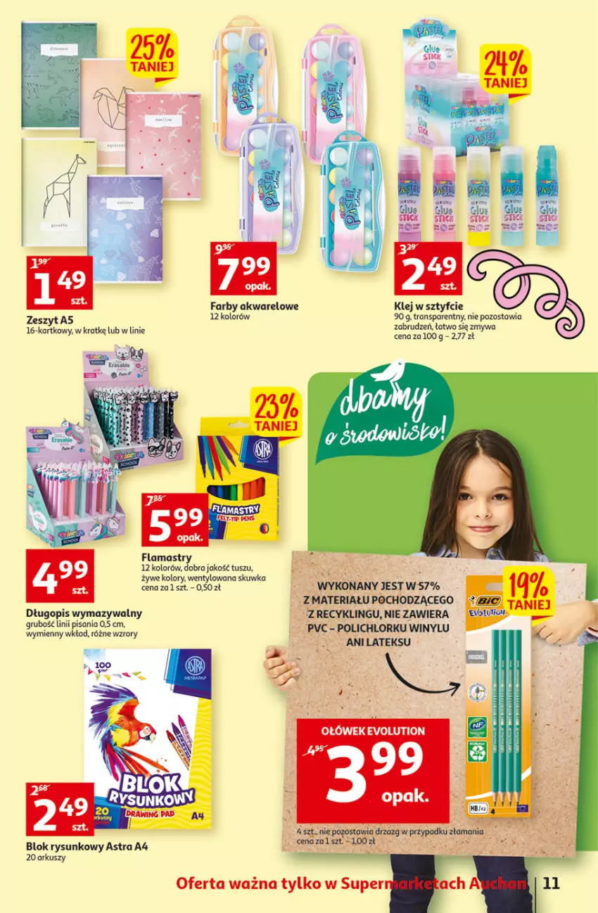 Gazetka promocyjna Auchan - Szkoła oszczędzania Temat PrzeSmaczne oferty Supermarkety - ważna 02.08 do 10.08.2022 - strona 11 - produkty: Długopis, Fa, Flamastry, Klej, Tran, Tusz