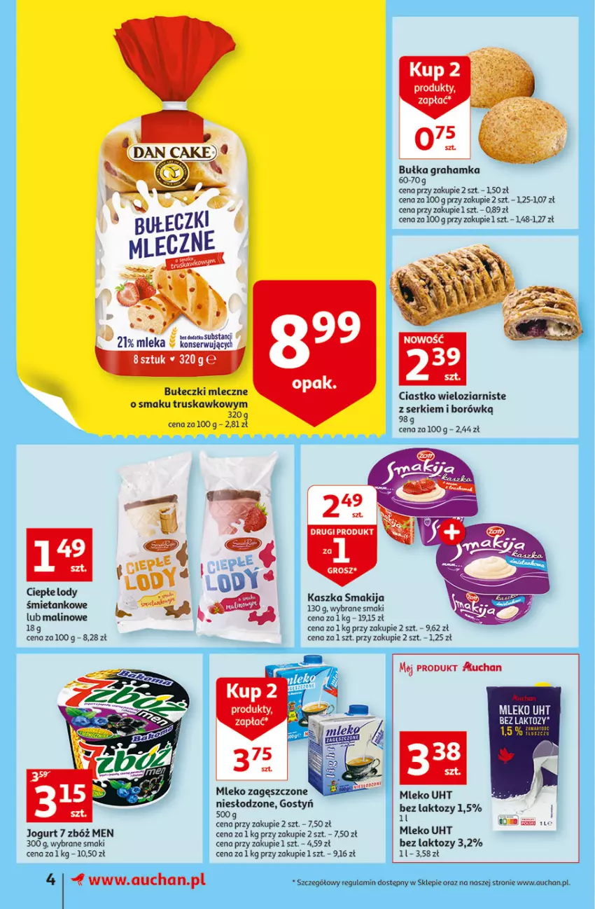 Gazetka promocyjna Auchan - Szkoła oszczędzania Temat PrzeSmaczne oferty Supermarkety - ważna 02.08 do 10.08.2022 - strona 4 - produkty: Bułeczki, Bułeczki mleczne, Bułka, Bułka grahamka, Gra, Jogurt, Lody, Mleko, Mleko zagęszczone, Ser, Smakija