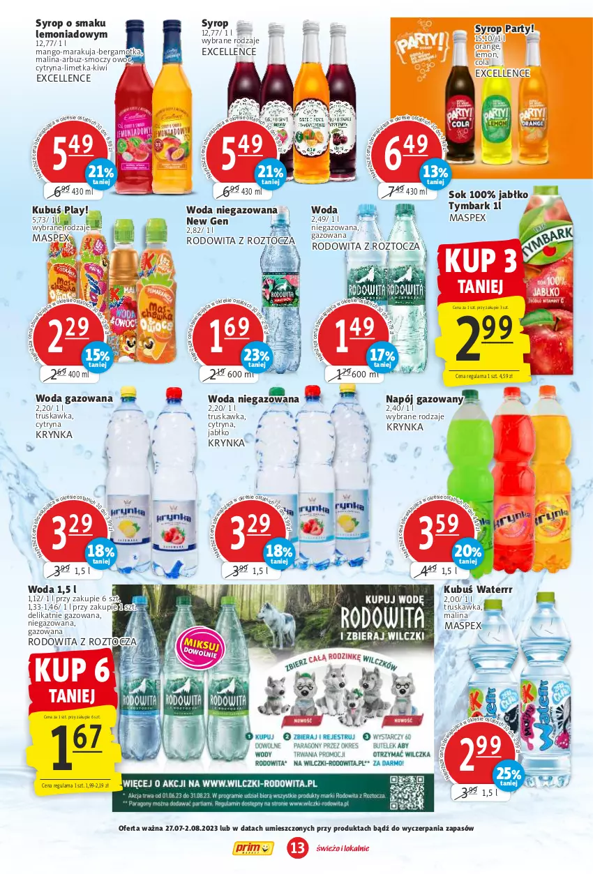 Gazetka promocyjna Prim Market - ważna 27.07 do 02.08.2023 - strona 13 - produkty: Arbuz, Kiwi, Kubuś, Kubuś Waterrr, Mango, Napój, Napój gazowany, Sok, Syrop, Tymbark, Woda, Woda gazowana, Woda niegazowana