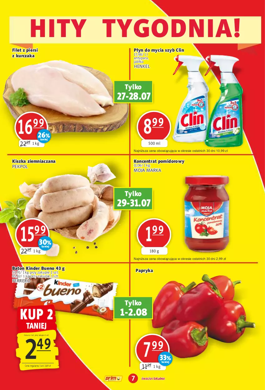 Gazetka promocyjna Prim Market - ważna 27.07 do 02.08.2023 - strona 7 - produkty: Baton, Clin, Ferrero, Kinder, Kinder Bueno, Koncentrat pomidorowy, Kurczak, Papryka, Pekpol, Płyn do mycia