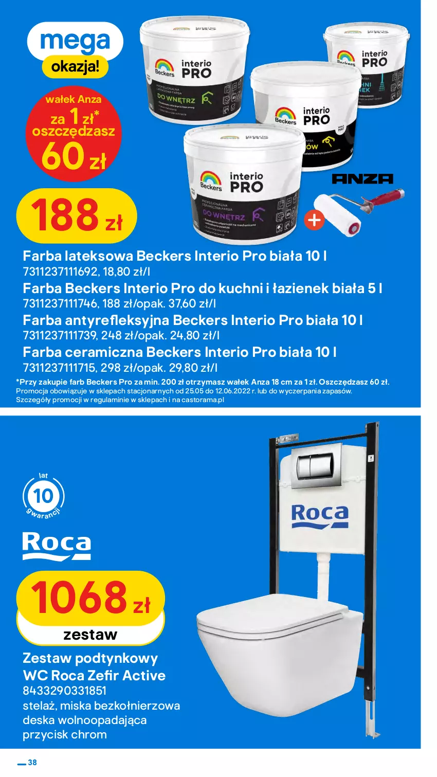 Gazetka promocyjna Castorama - ważna 25.05 do 12.06.2022 - strona 38 - produkty: Astor, Beckers, Deska wolnoopadająca, Fa, Farba ceramiczna, Farba lateksowa, Kosz, Miska, Rama, Sok, Sprzedawcy, Telefon, Top, Tran, Wałek, Zestaw podtynkowy WC