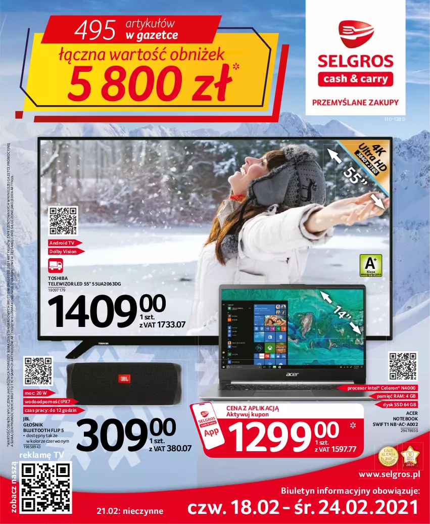 Gazetka promocyjna Selgros - Oferta przemysłowa - ważna 18.02 do 24.02.2021 - strona 1 - produkty: Acer, Android TV, Głośnik, Głośnik bluetooth, Intel, JBL, LG, Notebook, Por, Procesor, Telewizor, Toshiba