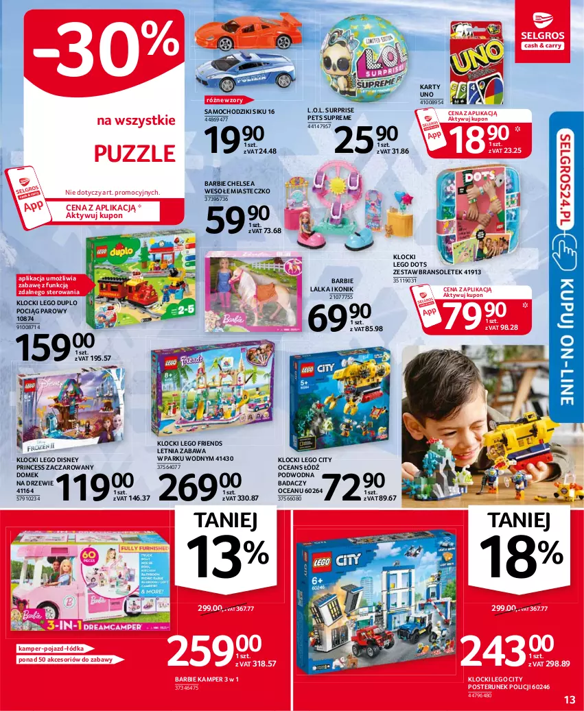 Gazetka promocyjna Selgros - Oferta przemysłowa - ważna 18.02 do 24.02.2021 - strona 13 - produkty: Barbie, Chodzik, Disney, Domek na drzewie, Klocki, L.O.L., Lalka, LEGO, LEGO City, LEGO Duplo, LEGO Friends, Pociąg, Pojazd, Posterunek policji, Puzzle, Samochodziki