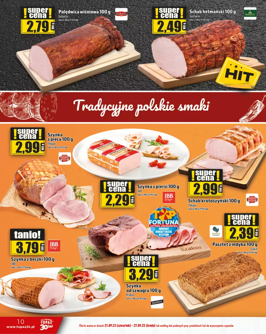 Gazetka promocyjna Topaz - Gazetka - ważna 21.09 do 27.09.2023 - strona 10 - produkty: Krakus, Pasztet, Piec, Polędwica, Por, Szynka, Top