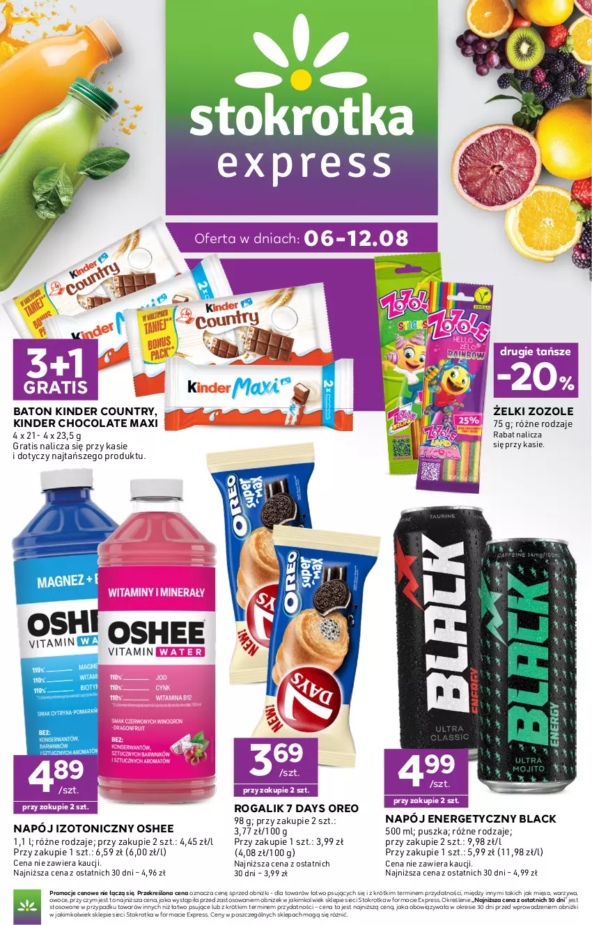 Gazetka promocyjna Stokrotka - Express - ważna 06.08 do 12.08.2026 - strona 1 - produkty: 7 Days, Baton, Gra, Kinder, Lack, Mięso, Napój, Napój energetyczny, Napój izotoniczny, Oreo, Oshee, Owoce, Rogal, Warzywa