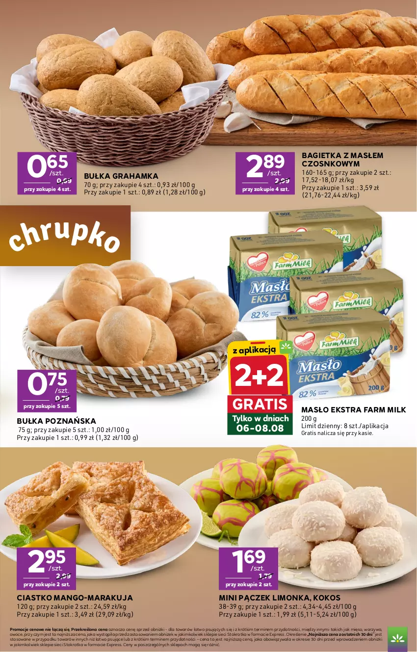 Gazetka promocyjna Stokrotka - Express - ważna 06.08 do 12.08.2026 - strona 3 - produkty: Bagietka, Bułka, Bułka grahamka, Fa, Farm Milk, Gra, Kokos, Limonka, Mango, Masło, Mięso, Owoce, Pączek, Warzywa