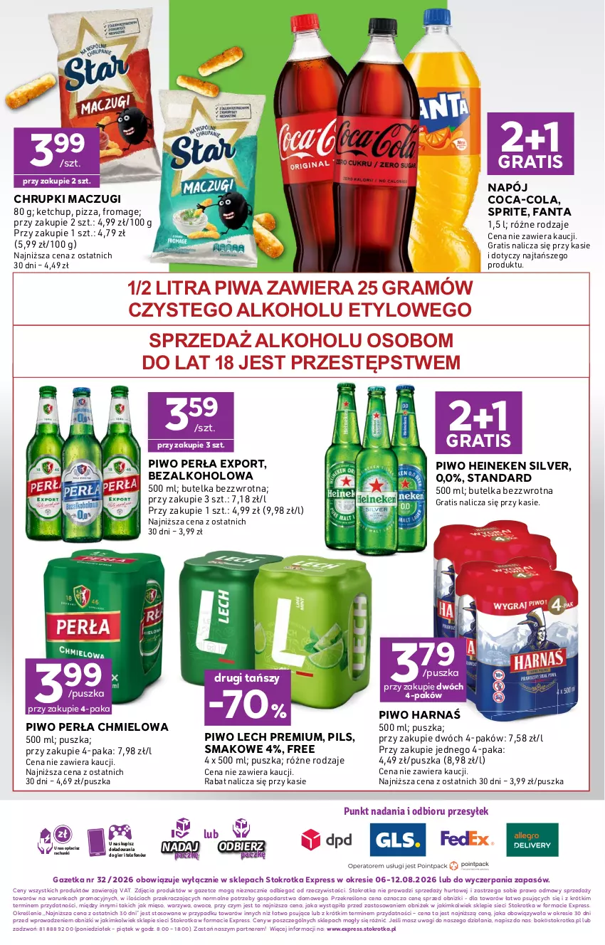 Gazetka promocyjna Stokrotka - Express - ważna 06.08 do 12.08.2026 - strona 6 - produkty: Chrupki, Coca-Cola, Fa, Fanta, Gra, Harnaś, Heineken, Ketchup, Lech Premium, Mięso, Napój, O nas, Owoce, Perła, Piwa, Piwo, Pizza, Por, Sprite, Telefon, Wagi, Warzywa