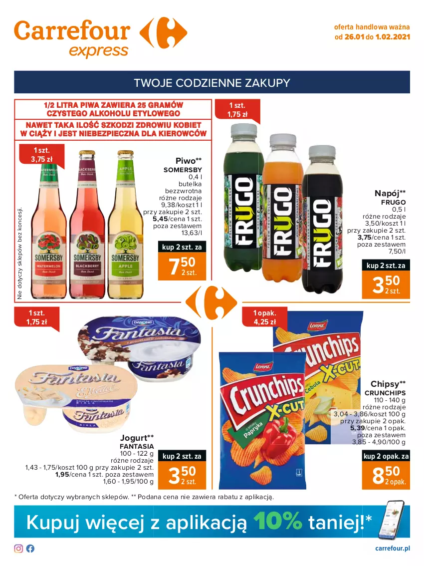 Gazetka promocyjna Carrefour - Gazetka Express - ważna 25.01 do 01.02.2021 - strona 1 - produkty: Chipsy, Crunchips, Fa, Fanta, Gra, Jogurt, Kosz, Napój, Piec, Piwa, Piwo, Somersby