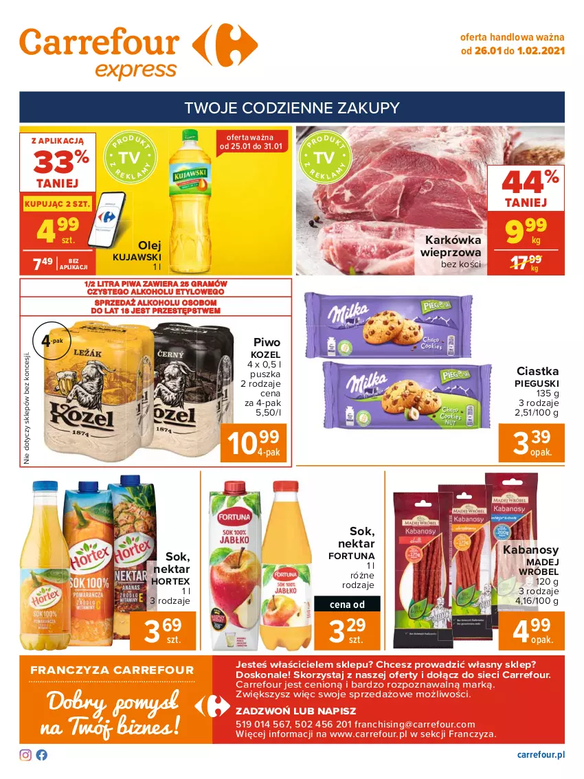 Gazetka promocyjna Carrefour - Gazetka Express - ważna 25.01 do 01.02.2021 - strona 2 - produkty: Ciastka, Fortuna, Gra, Hortex, Kabanos, Karkówka wieprzowa, Kozel, Kujawski, Madej Wróbel, Nektar, Olej, Piwa, Piwo, Sok