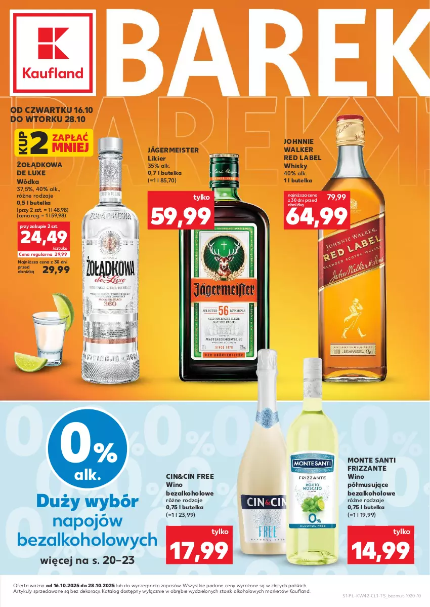 Gazetka promocyjna Kaufland - Barek Kauflandu - ważna 16.10 do 28.10.2025 - strona 1 - produkty: Johnnie Walker, Likier, Monte, Monte Santi, Mus, Whisky, Wino, Wino bezalkoholowe, Wódka
