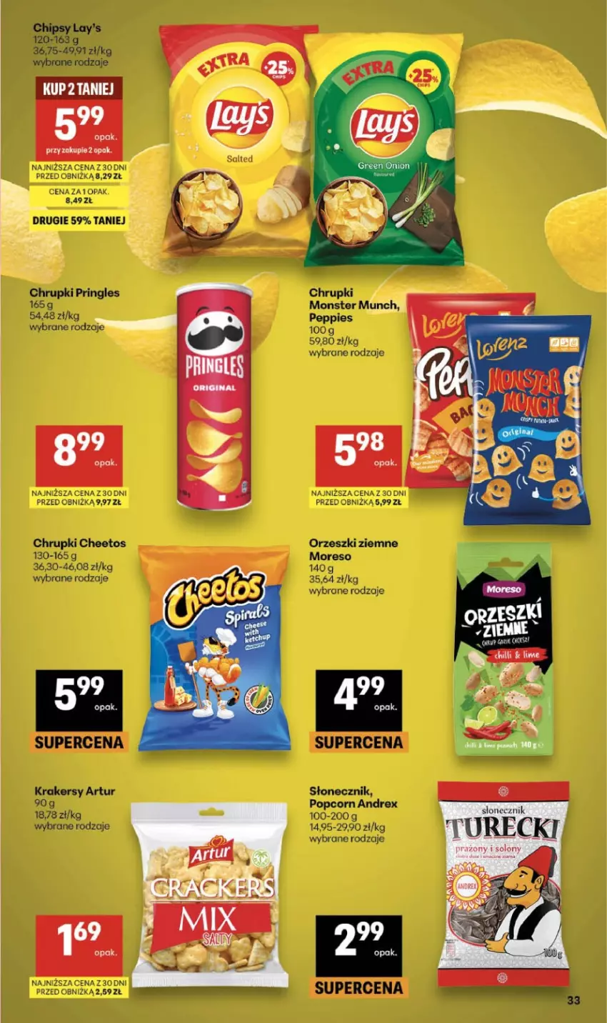 Gazetka promocyjna Delikatesy Centrum - Franczyza DC13 Czwartek - ważna 26.03 do 01.04.2026 - strona 33 - produkty: Artur, Cheetos, Chrupki, Krakersy, Monster Munch, Orzeszki, Orzeszki ziemne, Popcorn, Pringles