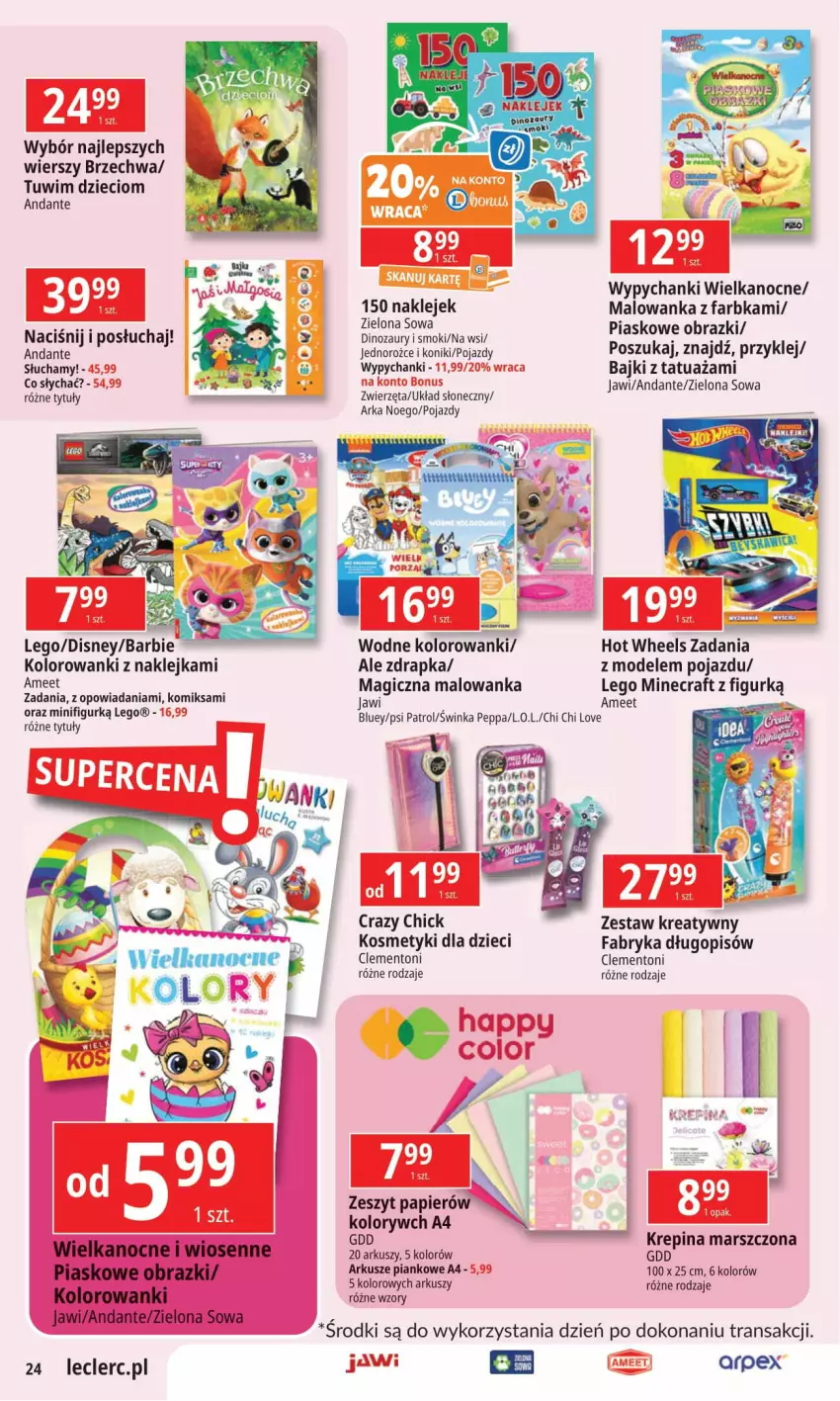 Gazetka promocyjna E Leclerc - ważna 08.04 do 19.04.2025 - strona 24 - produkty: Crazy Chic, Dinozaur, Długopis, Dzieci, Fa, Hot Wheels, Inka, Klej, Kosmetyki dla dzieci, L.O.L., LEGO, LEGO Minecraft, Mars, Minecraft, Obraz, Papier, Pojazd, Psi Patrol, Tran, Zwierzęta