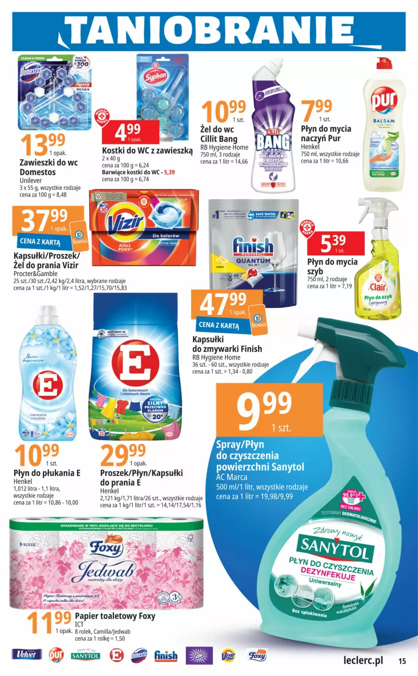 Gazetka promocyjna E Leclerc - ważna 03.10 do 14.10.2023 - strona 15 - produkty: Cillit Bang, Domestos, Finish, Płyn do mycia, Płyn do płukania, Pur, Vizir, Zawieszki, Zmywarki