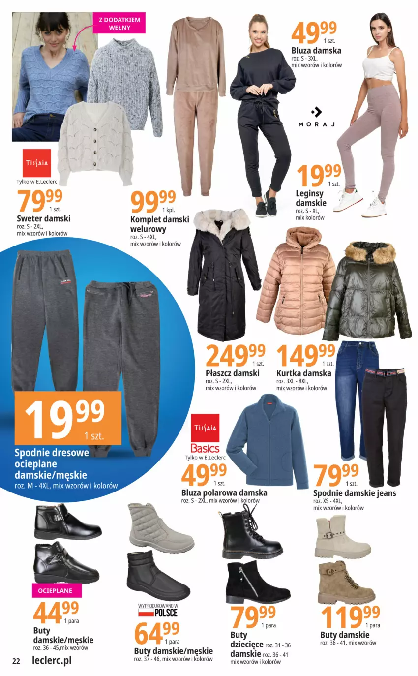 Gazetka promocyjna E Leclerc - ważna 03.10 do 14.10.2023 - strona 22 - produkty: Bluza, Bluza polarowa, Buty, Dres, Dzieci, Gin, Kurtka, Płaszcz, Spodnie, Spodnie dresowe, Sweter