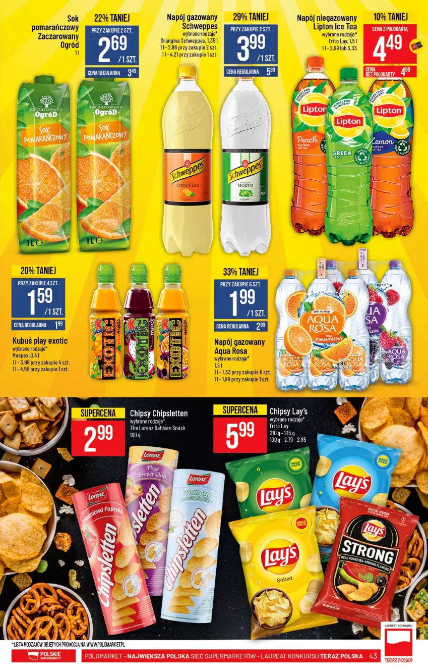 Gazetka promocyjna PoloMarket - Gazetka promocyjna  r - ważna 12.05 do 18.05.2021 - strona 43 - produkty: Chipsy, Gin, Ice tea, Kubuś, Laur, Lipton, Lorenz, Napój, Napój gazowany, Napój niegazowany, Ogród, Schweppes, Sok