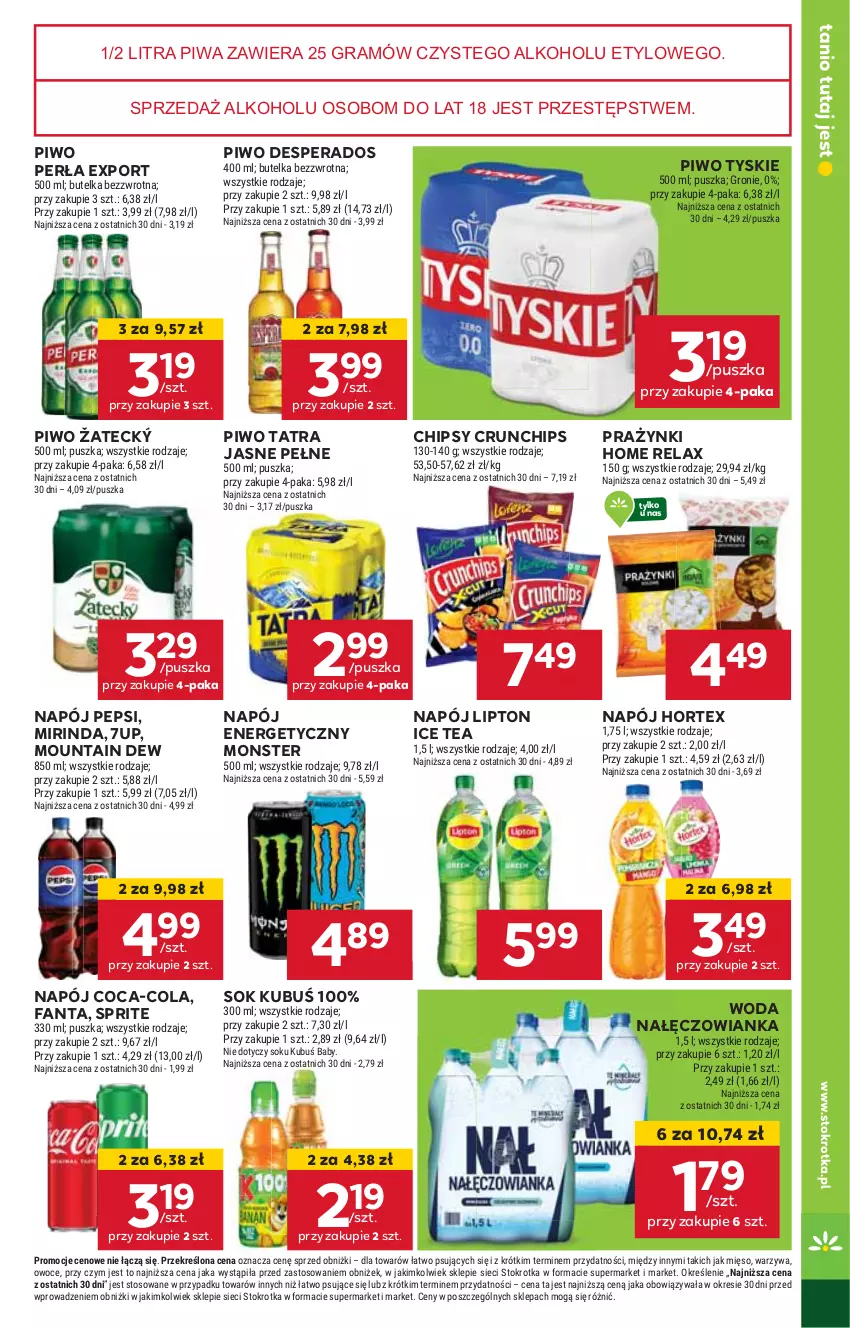 Gazetka promocyjna Stokrotka - Market Opole/Radom - ważna 06.03 do 12.03.2025 - strona 15 - produkty: 7up, Chipsy, Coca-Cola, Crunchips, Desperados, Fa, Fanta, Gra, Hortex, HP, Ice tea, Kubuś, Lipton, Mirinda, Nałęczowianka, Napój, Napój energetyczny, Pepsi, Perła, Piwa, Piwo, Por, Sok, Sprite, Tatra, Tyskie, Woda