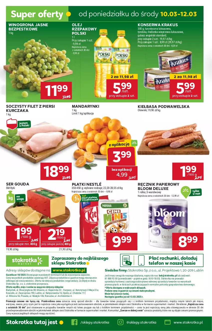 Gazetka promocyjna Stokrotka - Market Opole/Radom - ważna 06.03 do 12.03.2025 - strona 18 - produkty: Danio, Dres, Filet z piersi kurczaka, Gouda, HP, JBL, Kiełbasa, Kiełbasa podwawelska, Krakus, Kurczak, Mandarynki, Nestlé, Olej, Olej rzepakowy, Papier, Ręcznik, Ser, Telefon, Wawel, Wino, Winogrona